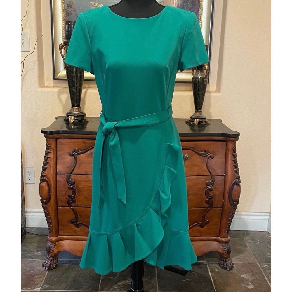 Calvin Klein Green Belted Ruffle Short Sleeve Dress